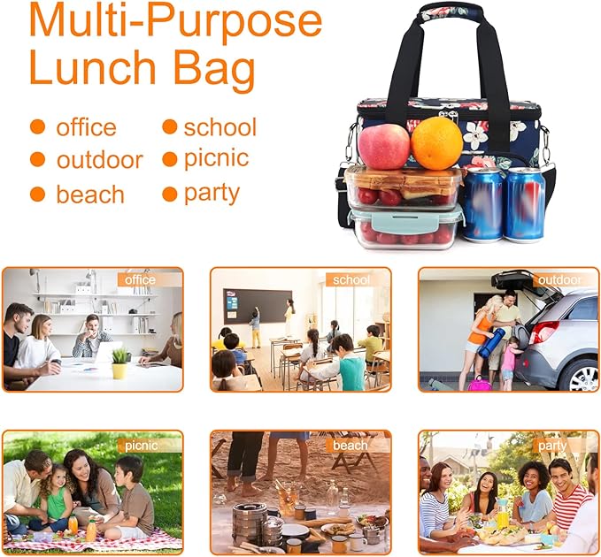 Lunch Bags for Women/Men, Insulated Lunch Bag for Work Office Picnic - Large Lunch Cooler Bag Leakproof Lunch Box with Adjustable Shoulder Strap for Adults - Floral(15L)