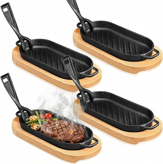 4 Sets Cast Iron Fajita Skillet with Wooden Base, Sizzling Plate Set for Steak, Removable Handle, Fajita Pan for BBQ, Restaurant, Home Kitchen (8.66 x 4.33 Inch)