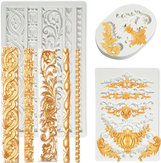 3 Packs Baroque Silicone Molds Scroll Silicone Baroque Mold Clay Molds Fondant Molds Border Fondant Mold Wedding Birthday Cake Decoration