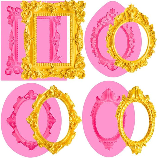 JOERSH 4PCS Baroque Frame Mold, Picture Photo Frames and Mirrors Silicone Fondant Mold for Cake Decorating, Cupcake Topper, Chocolate, Candy, Sugarcraft, Dessert Decor