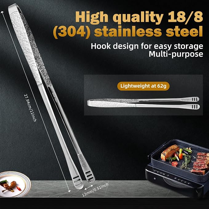 4Pcs 11-Inch Stainless Steel Korean BBQ Grill Tongs | Japanese Barbecue Tongs for Cooking, Portable Kitchenware for Home, Outdoor, Steak, Salad, Food