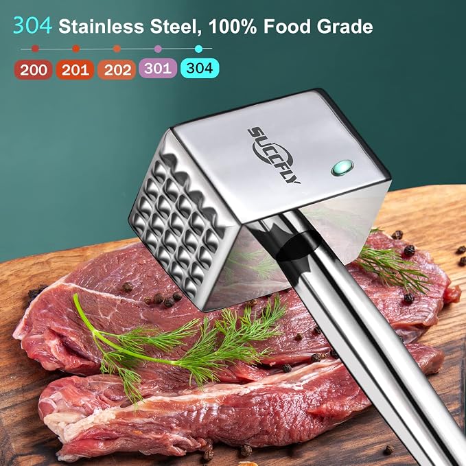 SUCCFLY Stainless Steel Meat Tenderizer Tool, Heavy Duty Meat Mallet 1.65LB | Dual-Sided Weighted Meat Pounder Hammer with Extended handle, Effortless Tenderizing Chicken Steak Poultry, Dishwasher Safe
