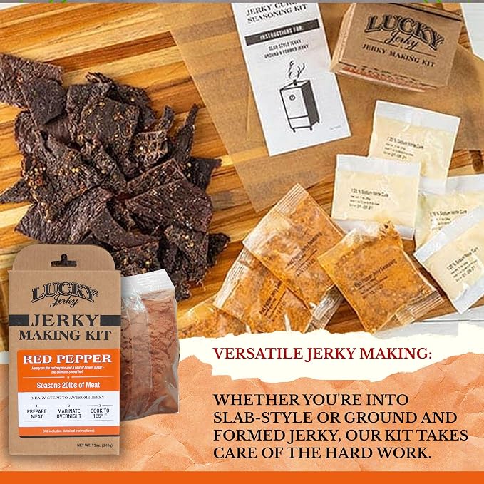 Lucky Jerky Red Pepper DIY Beef Jerky Seasoning and Cure Kit, 12 Oz | Make Your Own Red Pepper Beef Jerky at Home, Sweet and Hot Flavor, Seasons 20 lbs of Meat