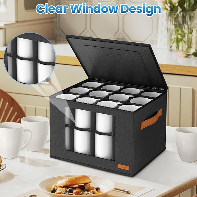 Foyego 2-Layer Coffee Mug Storage Box with Dividers, Cup and Mug Storage Organizer with Zipper Lid and Handles, Stackable Cup Organizer for 24 Coffee Mugs, Cups and Glasses, Dark Grey