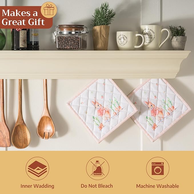 Maison d' Hermine Pot Holders 100% Cotton Potholders (8" x 8", Pack of 2) | Heat Resistant Hot Pads with Loop BBQ Cooking Baking Farmhouse Kitchen Handling Hot Pans Spring Summer - Bunny Party