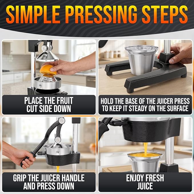 Cast Iron Juicer Hand Press, Heavy-Duty Squeezer, 304 Stainless Steel Bowl – One Pull Extracts Full Juice – Manual Citrus Press Juicer & Orange Squeezer for Lemon, Lime & Lemonade at Home Bar (Black)