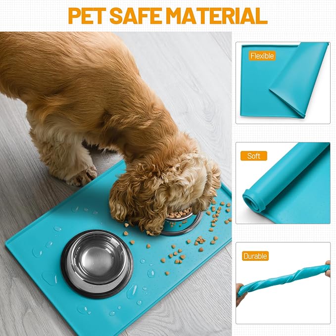 Hubulk Dog Feeding Mat,100% Waterproof BPA Free Silicone Pet Food and Water Bowl Placemat,Dishwasher, High Raised Edge to Prevent Spills,Nonslip Tray to Stop Messes on Floor (24"x16"x0.5", Teal)