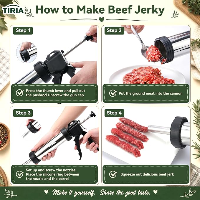TIRIA Beef Jerky Gun Jerky Maker Sausage Stuffer Meat Stick Gun Cannon Kits | Stainless Steel Build, For Ground Meat, 5 Nozzles, 1 Meat Pusher, 5 Cleaning Brushes, Bonus Gloves, Great For Homemade Snacks