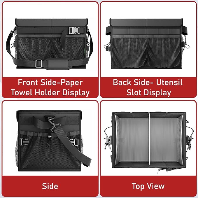 Grill Caddy with Lid, Foldable BBQ Caddy with Paper Towel Holder | 11 Compartments, Easy-Clean Aluminum Interior, 1680D Oxford Fabric, Water-Resistant, Shoulder Strap Included, Tailgating