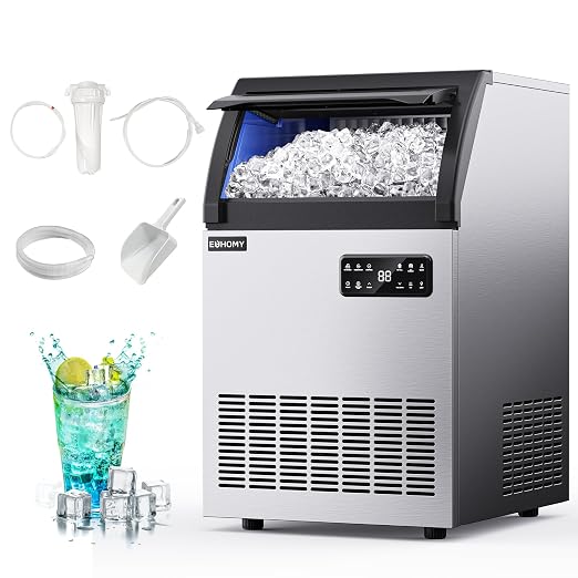 EUHOMY Commercial Ice Maker,200lbs/24H,Stainless Steel Under Counter Ice Machine with Water Filter,33lbs Storage Capacity, 84 Cubes in 8-12 Mins, Freestanding Ice Machine for Home/Bar/Cafe/Restaurant