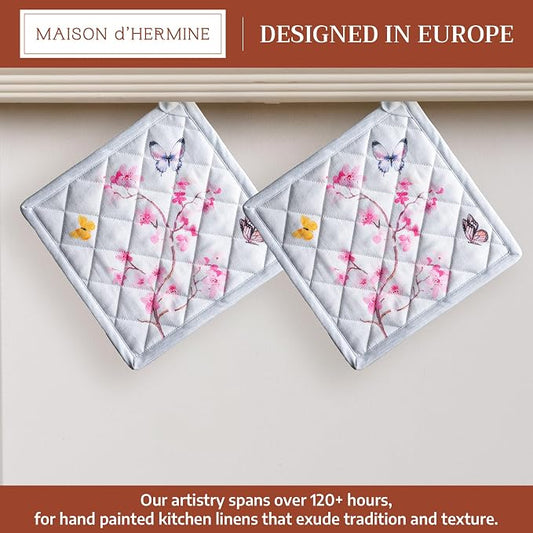 Maison d' Hermine Pot Holders 100% Cotton Potholders (8" x 8", Pack of 2) | Heat Resistant Hot Pads with Loop BBQ Cooking Baking Farmhouse Kitchen Handling Hot Pans Spring Summer - Blossoms in Spring