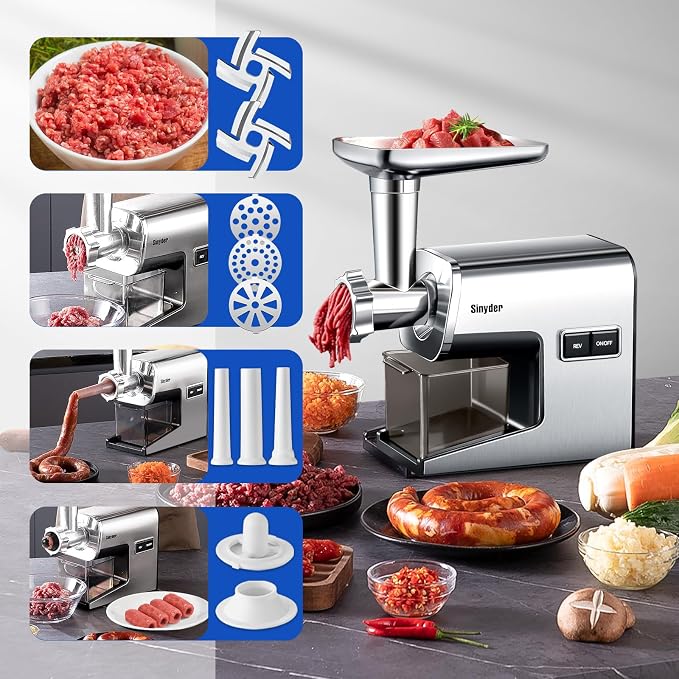 Sinyder 3000W Electric Meat Grinder 304 Stainless Steel Heavy Duty Mincer | Pure Copper Motor, Metal Gears, Dishwasher-Safe 304 Stainless Steel, 2 Blades & 3 Plates, Sausage Stuffer Tubes & Kubbe Kit