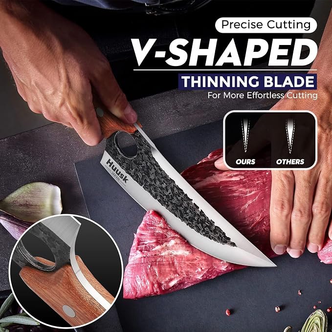 Huusk Hand Forged Viking Butcher Knife with Sheath, Japanese Carbon Steel | Sharp Meat Cutting Chef Knife with Ergonomic Handle for Premium Control, Includes Protective Sheath, Gift for Men and Women