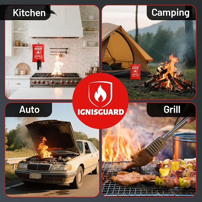 Emergency Fire Blankets for Home and Kitchen, 2-Pack 40"x40" Fiberglass Fire Suppression Blanket for Grease Fires, BBQ Grill, Camping, RV, Fireplace & Survival Safety