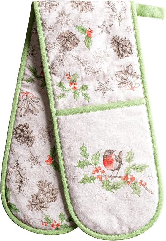 Maison d' Hermine Double Oven Mitts 100% Cotton Double Oven Glove (7"x35") | Heat Resistant BBQ Cooking Gloves with Loop Baking Kitchen Home Hotel Farmhouse Thanksgiving Christmas - Christmas Dew
