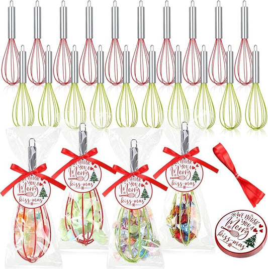 24 Sets 8 Inch Christmas Whisks Gifts DIY Fillable Christmas Tree Ornaments Xmas Colored Silicone Whisks for Cooking Heat Resistant Egg Beaters with Card Rope Bag for Candy Holder