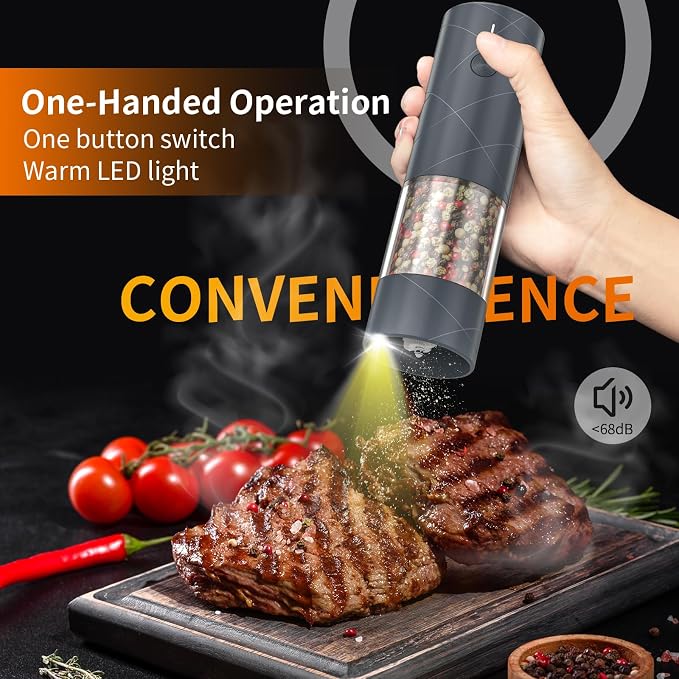 2Pack Electric Salt and Pepper Grinder Set USB Rechargeable with Warm LED Light, Adjustable Coarseness Lidaop Large Capacity Automatic Salt Pepper Mill Grinder for Kitchen, Restaurant, Outdoor (Grey)