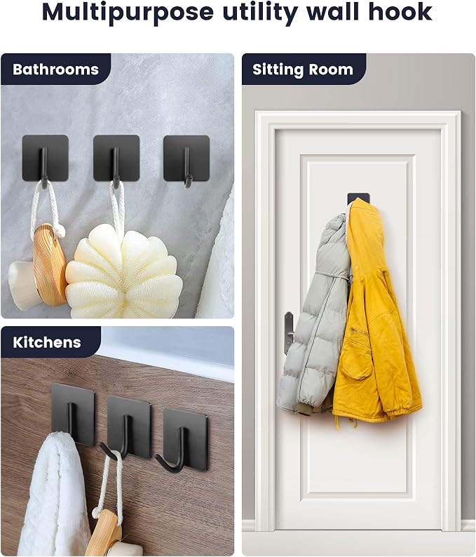 xdgeLoad Adhesive Hooks, 4 Pack Towel Hooks Wall Hooks for Hanging, Stick on Hooks, Adhesive Towel Hooks for Bathroom Door Hanger Kitchen Closet Cabinet Stainless Steel-Matte Dark Gray