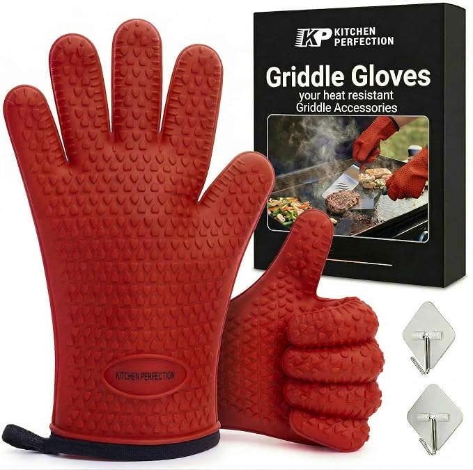 KITCHEN PERFECTION XL Silicone Griddle Gloves - Heat Resistant Oven Mitts | Waterproof, 5-Finger Design For A Better Grip, Best Griddle Grilling Accessories, Compatible with Blackstone, Weber & More