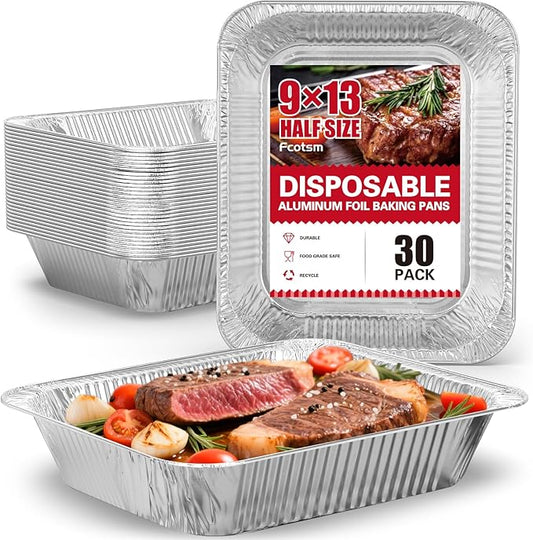 Aluminum Pans Half Size(30 Pack), 9x13, Heavy Duty Disposable Foil Pans for Baking, Roasting, Cooking, Heating, Storing, Deep Tin Foil Bakeware for Oven, Steam Table Tray, Cookware, Food Prepping