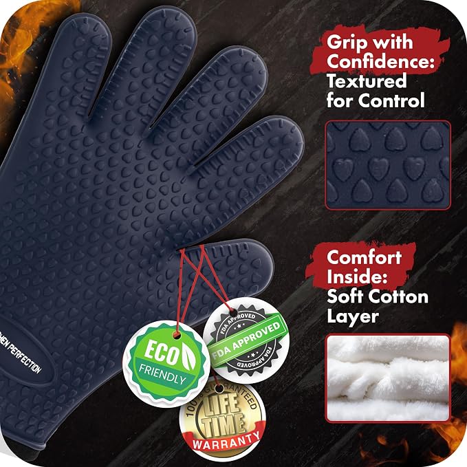 KITCHEN PERFECTION XL Silicone Smoker BBQ Gloves -Heat Resistant Oven Mitts | Waterproof, 5-Finger Design For A Better Grip, for Pitmasters, Meat Smoking, Grilling, Cooking, Frying Turkey | Grill Gift