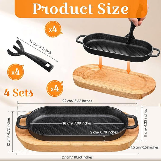 4 Sets Cast Iron Fajita Skillet with Wooden Base, Sizzling Plate Set for Steak, Removable Handle, Fajita Pan for BBQ, Restaurant, Home Kitchen (8.66 x 4.33 Inch)