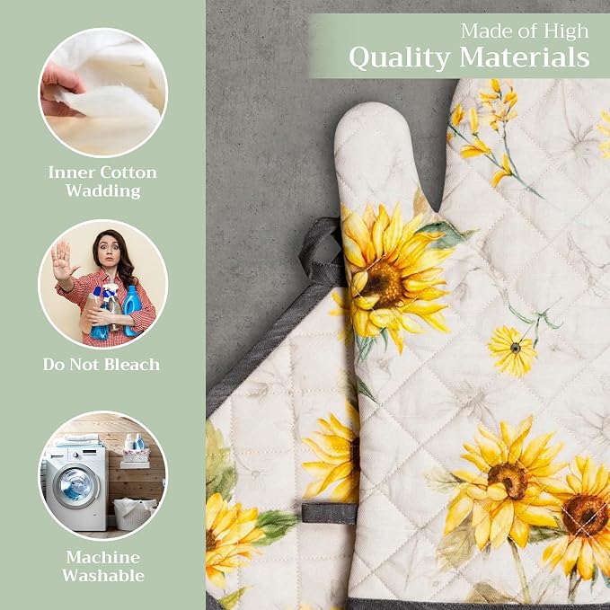 Maison d' Hermine 100% Cotton Oven Mitt & Pot Holder Set (7.5"x13" & 8"x8") | Heat Resistant BBQ Cooking Gloves with Loop Baking Grilling Kitchen Hotel Home Farmhouse Spring Summer - Candice
