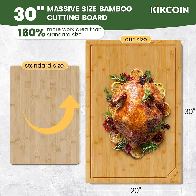 Kikcoin 30”×20” Bamboo Cutting Boards for Kitchen, Heavy Duty Wooden Cutting Boards, Healthy Extra Large Chopping Boards with Deep Juice Groove and Handle, Oversized Stove Top Cover, Natural