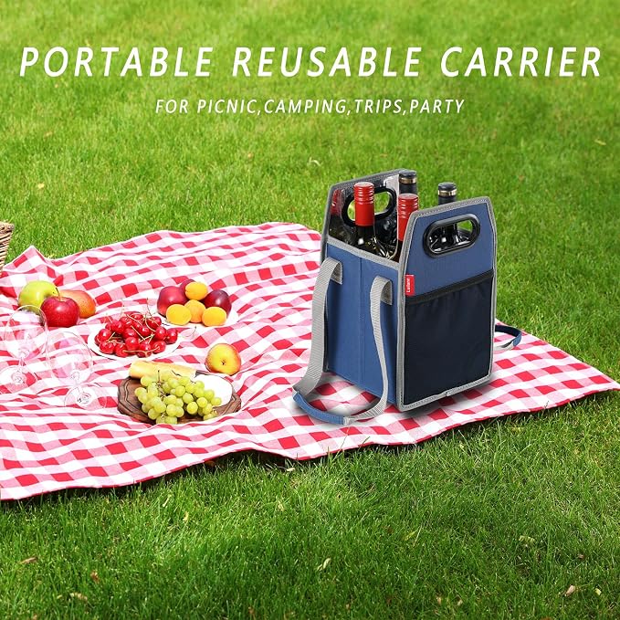 Collapsible 4 Bottle Storage Box Reusable Portable Wine Carrier Case for Tote Bag Moving, Vacation Bottle Caddy Grocery Shopping Accessory