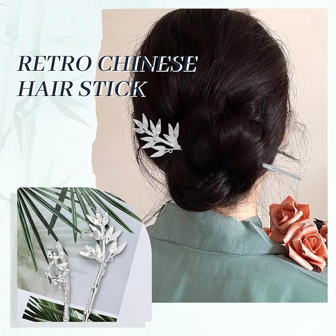 Lawie 10 Pack Silver Hair Sticks Flower Leaf Decorative Metal Long Hair Pins Bun Holders Chopsticks for Hair Chinese Hanfu Costume Retro Vintage Fancy Headpieces Accessories for Women Girls