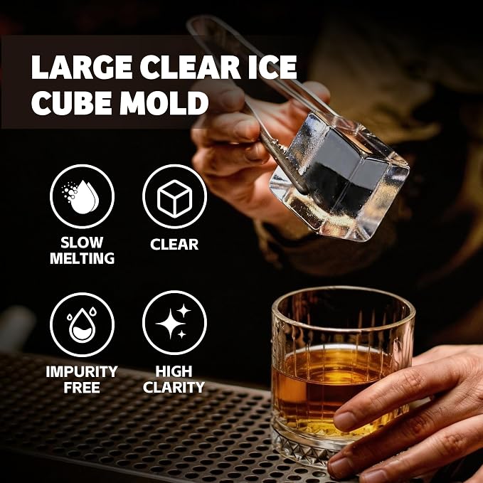 Clear Ice Cube Maker for Whiskey & Cocktails – 10 Large 2 Inch Clear Ice Tray for Slow Melting, Cloud-Free Ice Silicone Ice Mold for Home Bar, Old Fashioned Glass, Gift for Whiskey Lovers