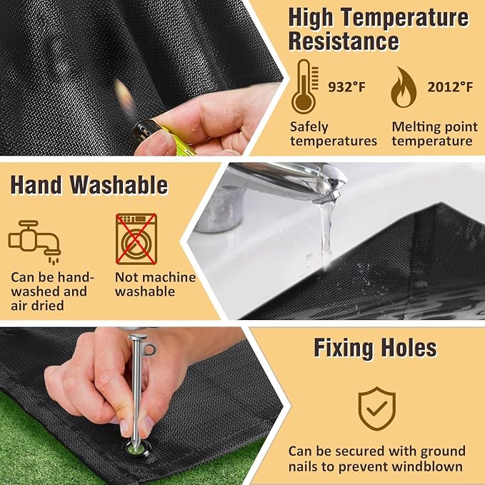 Fire Pit Mat - 37.8x39.4in Fireproof Blanket for Under Fire Pit, Compatible with Solo Stove, Heat Resistant Rug for Outside Indoor Wooden Deck Grass Lawn Protection - Black