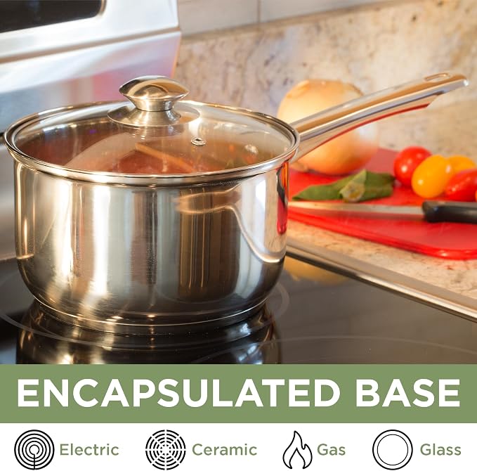 Ecolution Stainless Steel Sauce Pan, Encapsulated Induction Ready Cooking Pot with Glass Lid, Oven Safe, Dishwasher Safe Soup Pot, 3-Quart