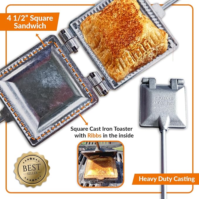 Palmer C Pie Iron for Camping, Cast Iron Sandwich Maker with Long Handle, Make Tasty Toasted Sandwiches, Mountain Pie Maker Cast Iron, Campfire Pie Irons for Camping, Premium Campfire Sandwich Maker