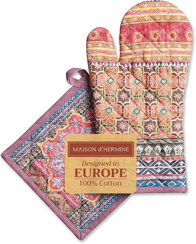Maison d' Hermine 100% Cotton Oven Mitt & Pot Holder Set (7.5"x13" & 8"x8") | Heat Resistant BBQ Cooking Gloves with Loop Baking Grilling Kitchen Hotel Home Farmhouse Thanksgiving Christmas - Ispahan