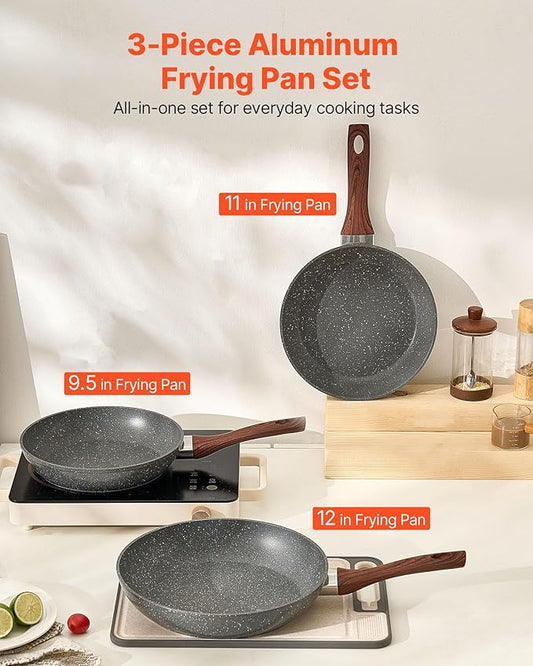 VEVOR Frying Pan Skillet，Nonstick Granite Egg Pan Omelet Pans, 3 Piece Set (9.5, 11, 12 in), Nonsitck Heavy-Duty Skillets with Heat-Resistant Handle, for Gas, Electric, Induction