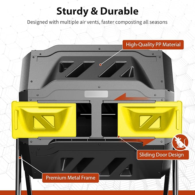 Compost Bin, 43-Gal Dual Chamber Composter Tumbler, Black Yellow | Steel Frame with 2 Sliding Door and Aeration System, 360° Rotating, Tumbling Composting Bin for Kitchen, Garden, Yard