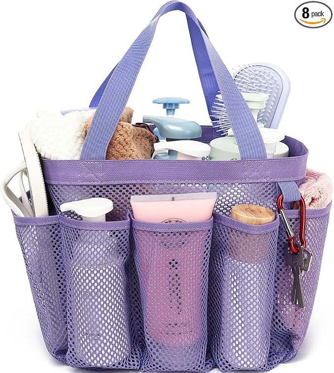 Fammart Mesh Shower Caddy Portable for College Dorm Room Essentials, Odorless Polyester Large Shower Tote Bag with Dual Handles, 8-Pocket Quick-Dry Toiletry Organizer for Travel, Beach, Camping, Gym