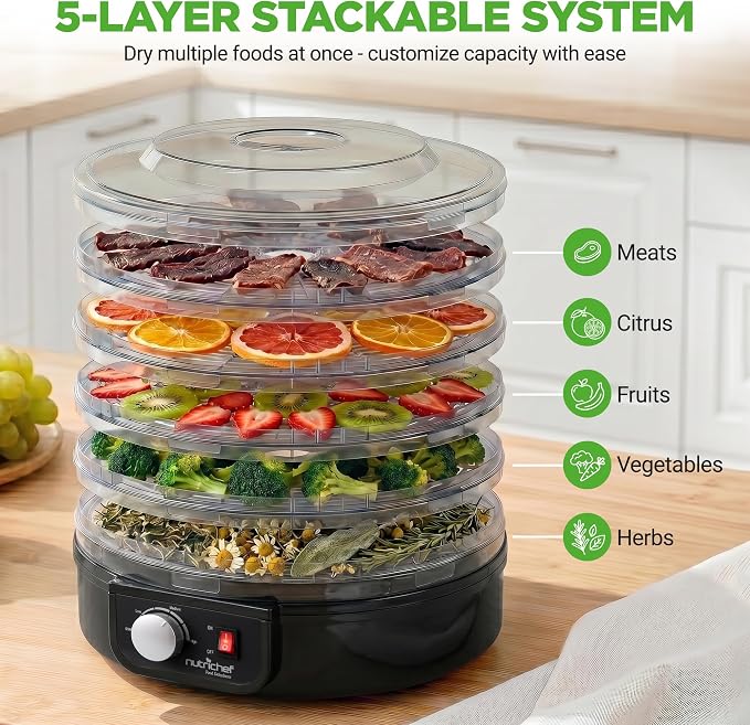 NutriChef Electric Countertop Food Dehydrator - Professional Multi-Tier Food Preserver - Dehydrates Fish, Meats, Mushrooms, Fruits & Vegetables - 5 Easy to Clean Stackable Trays., One Size, Black