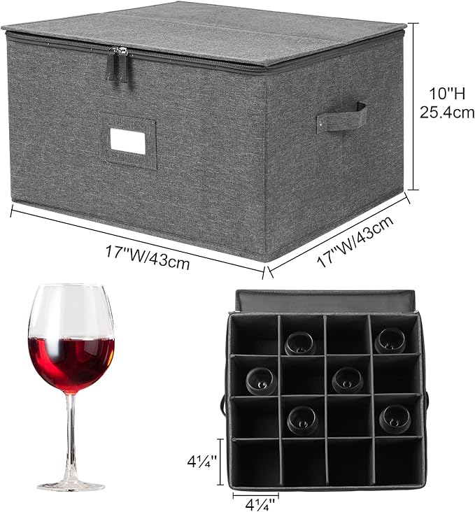 popoly Stemware Storage Cases, Wine Glass Storage Box Containers with Dividers for Glassware or Crystal, Holds 16 Red or White Wine Glasses, Hard Top and Stackable (Grey) | Glassware Storage Containers for Glassware or Crystal, Holds 16 Red or White Wi...