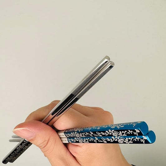 1Pairs Metal Chopsticks 304 Stainless Steel Chopsticks Set,Flower Metal Chop sticks Reusable, Dishwasher Safe,Anti-slip ,9.25inch (Blue)