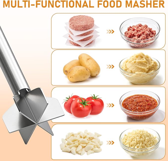 Meat Masher, Stainless Steel Ground Beef Masher 10.8Inch Potato Chopper with Handle, 6 Blade Masher Shredder for Kitchen Cooking Hamburger Vegetable Puree