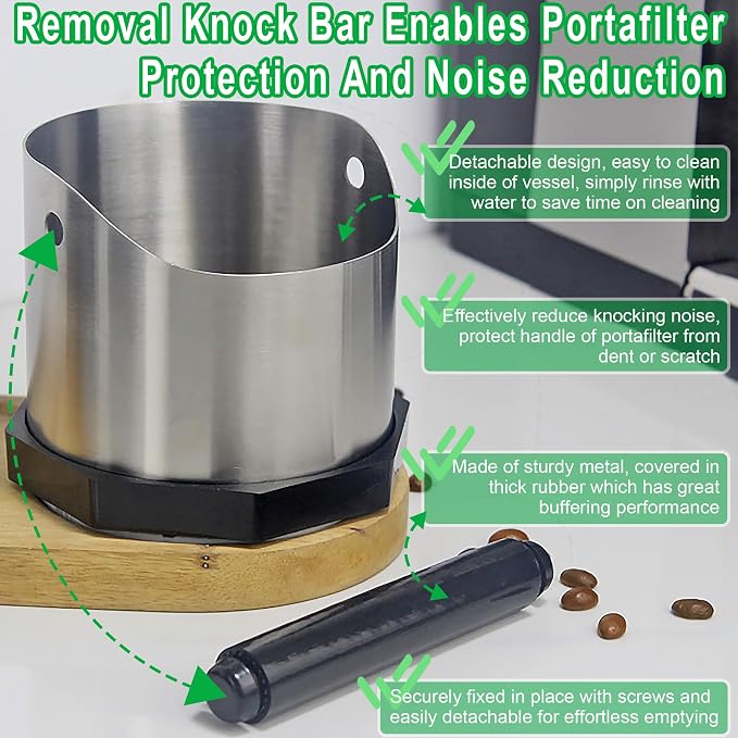 Stainless Steel Espresso Knock Box, Easy & Mess-Free Disposal of Coffee & Espresso Grounds, Coffee Knock Box with Removable Knock Bar & Non-Slip Base, Dishwasher Safe Espresso Puck Knock Box for Home
