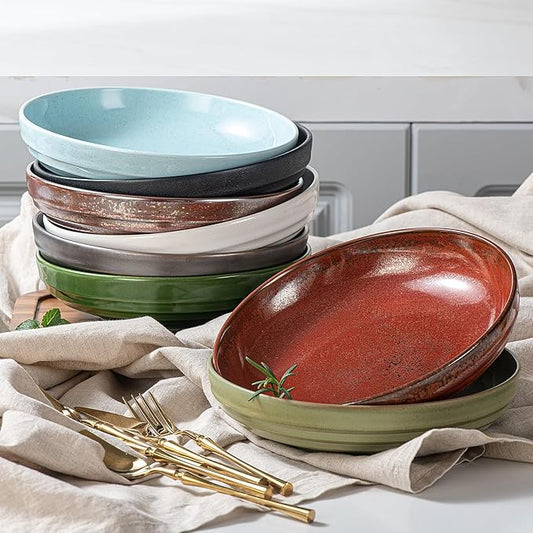 HAPPY KIT Stoneware 9'' Pasta Bowls, 42 Oz Large Salad Bowls Set of 4, Serving Bowls Perfect for Dessert, Soup, Fruit, Noodle, Granite White