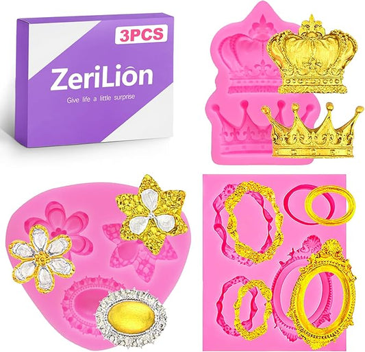 Baroque Fondant Molds Set - 3 Pcs with Crown, Vintage Photo Frame Shapes for Cake Decorating, Cupcake Toppers, Gum Paste, Chocolate, Candy, Polymer Clay Making