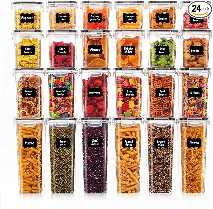 24 PCS Airtight Food Storage Containers with Lids, Plastic Kitchen and Organization Canisters for Cereal, Dry Food, Flour and Sugar, BPA-Free, PVC-Free, Includes 24 Black Labels & Marker