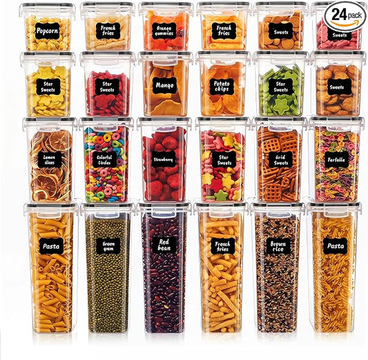 24 PCS Airtight Food Storage Containers with Lids, Plastic Kitchen and Organization Canisters for Cereal, Dry Food, Flour and Sugar, BPA-Free, PVC-Free, Includes 24 Black Labels & Marker