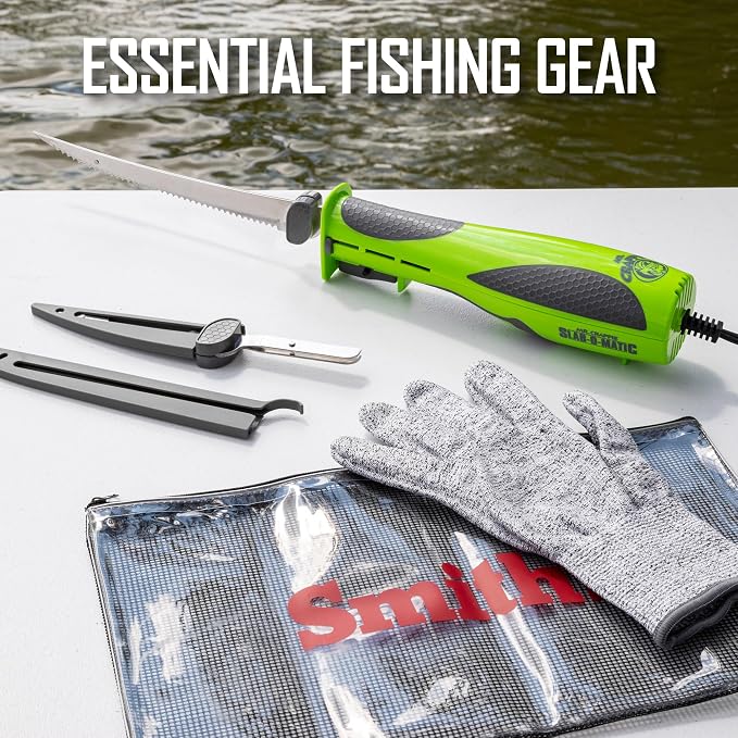 Smith’s Mr. Crappie Slab-O-Matic Electric Fillet Knife - Removable 8” & 4.5” Serrated Stainless Steel Blades w/ Sheaths - Fillet Glove & Mesh Storage Bag - Fishing, Outdoor, Hunting Electric Knife