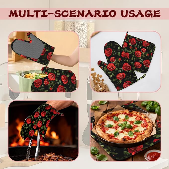 Vintage Red Rose Oven Mitts and Pot Holders (4PCS),Heat Resistant Non-Slip Silicone Kitchen Gloves for Cooking, Baking, BBQ Waterproof Kitchen Accessories