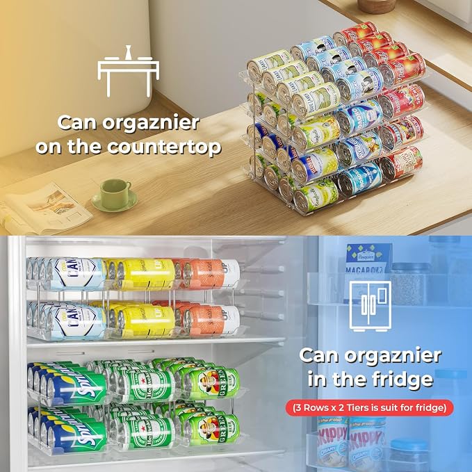 Can Organizer for Pantry 4 Tiers Rolling Can Storage Cupboard | Automatic Rolling Holds 48 Cans Combinable Canned Food Organizer Soda Can Organizer for Cupboard Cabinets Pantry Fridge Clear